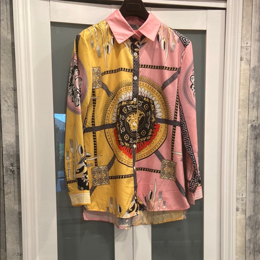 Pink and Yellow Split-Design Blouse with Nautical Motif